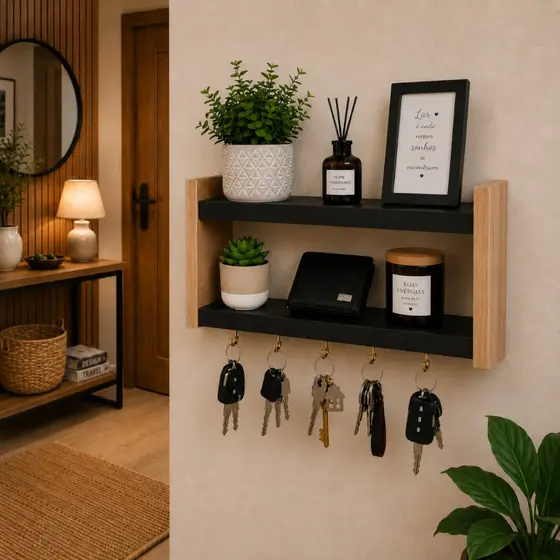 Porta Chaves de Parede com Prateleira Organizador MDF Branco 5 Ganchos Decorativo