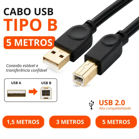 Cabo USB Tipo B com 5 metros para Impressora Scanner Multifuncional Teclado Piano Bateria Eletrônica