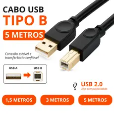 Cabo USB Tipo B com 5 metros para Impressora Scanner Multifuncional Teclado Piano Bateria Eletrônica