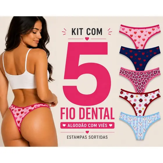 Kit Com 5 Calcinhas FIO DENTAL Algodão P M G GG