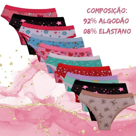 Kit com 10 Calcinhas infantil Estampadas  Cós Elástico Confortável