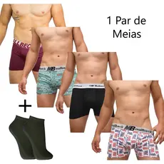 Kit 6 Cuecas Box boxer masculino de Microfibra Mallbeck + 3 Pares de Meias Sapatilha de Algodão