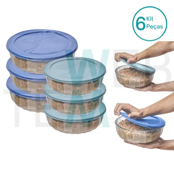 Kit 6 Potes Tigela Saladeira de Vidro com Tampa Oceani 1,5 e 3,8L Vitazza Servir Organizar Cozinha Geladeira Sustentável