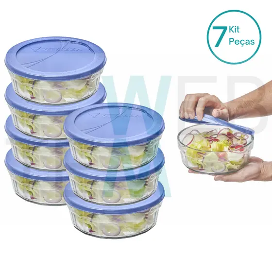 Kit 7 Potes Tigela de Vidro com Tampa Plástica Laguna 1,5Litros Vitazza: Servir, Armazenar Alimentos