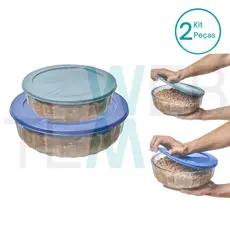 Kit 2 Potes Tigela Saladeira Vidro Tampa Plástica Oceani 1,5L e 3,8L Vitazza Servir Sustentável