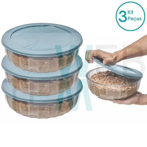 Kit 3 Potes Tigela Saladeira de Vidro com Tampa Plástica Oceani 1,5 litro Vitazza: Para Servir