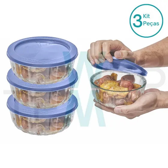 Kit 3 Potes Tigela Saladeira de Vidro com Tampa Oceani 600ml Vitazza para Servir Organizar Cozinha Geladeira Sustentável