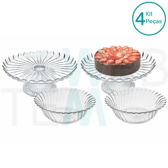 Kit 2 Centros de Mesa Fruteira de Vidro Califórnia e 2 Pratos Para Bolo de Vidro com Pé Pétalas de Jasmin Vitazza: Suporte Para Bolo, Doce 24cm diâmetro, para Decoração de Casa, Restaurantes, Hotéis e Cafeterias, Organização, Armazenamento