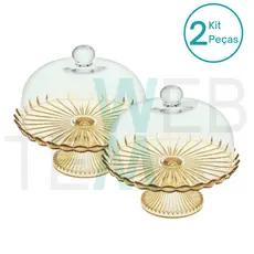 Kit 2 Boleiras de Vidro com Pé e Tampa Pétalas de Jasmin 24cm Dourada Vitazza Prato para Bolo, Doces
