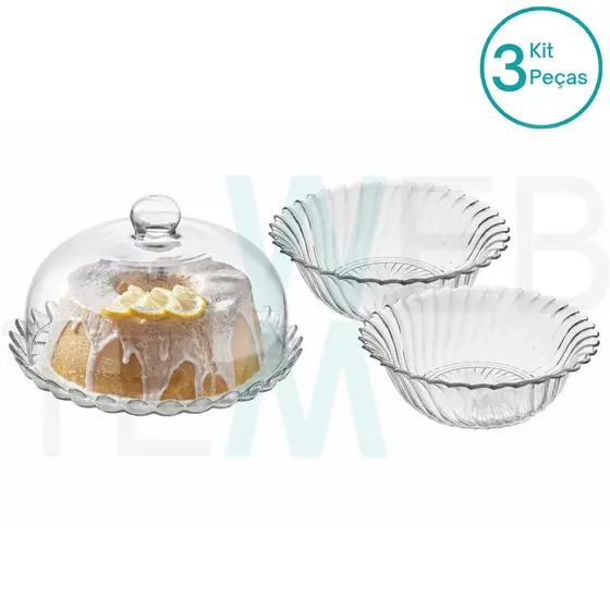 Kit 1 Mini Boleira de Vidro sem Pé Pétalas de Jasmin e 2 Centros de Mesa Fruteira de Vidro Califórnia Vitazza: Suporte Para Bolo, Doce 24cm diâmetro, para Decoração de Casa, Restaurantes, Hotéis e Cafeterias, Organização, Armazenamento e Servir Mesa Posta