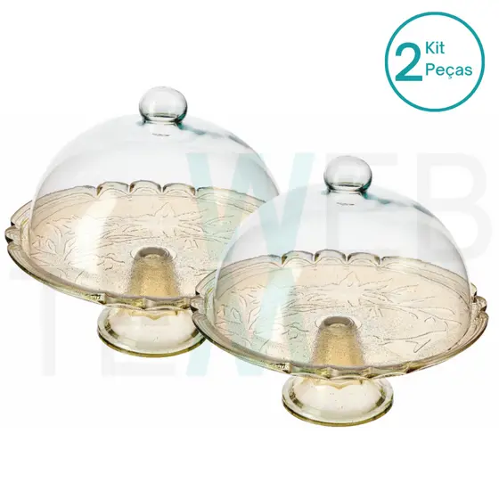 Kit 2 Boleiras de Vidro com Pé e Tampa Lírio 32 cm Dourada Vitazza Prato para Bolo, Doces, Sobremesas, Decoração, Organização e Mesa Posta, com Toque de Elegância e Praticidade Sustentável para Festas, Natal e Outras Ocasiões Especiais