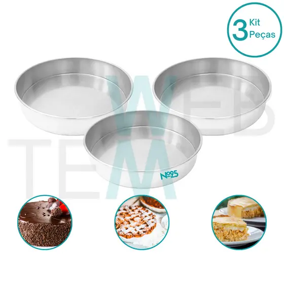 Kit 3 Formas de Bolo Redonda Baixa 6x25cm de Alumínio Sustentável para Bolos, Tortas, Quiches