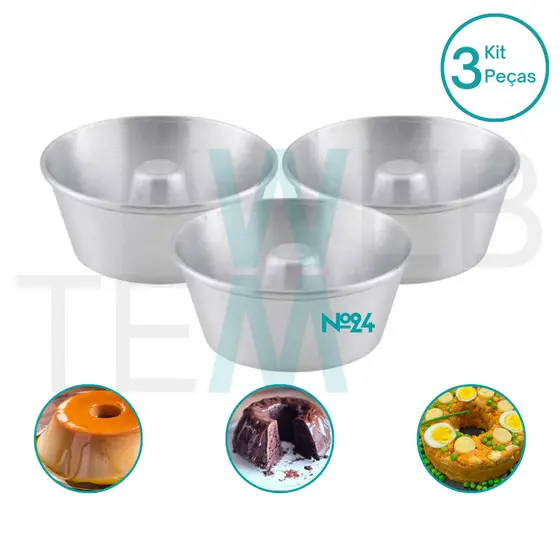 Kit 3 Formas de Pudim 8x24cm de Alumínio Sustentável para Bolos com Furo, Cuscuz, Pudim, Manjar, Brigadeirão e Sobremesas, Cozimento Uniforme, Fácil Limpeza e Durabilidade, Ideal para Cozinhas Residenciais e Profissionais