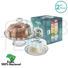 Conjunto Boleira com Pé e Queijeira de Vidro Vitazza Sofisticado para Mesa Posta, Café da Manhã