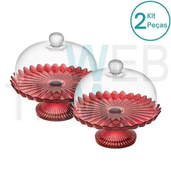 Kit 2 Boleiras de Vidro com Pé e Tampa Pétalas de Jasmin 24 cm Vermelha Vitazza Prato para Bolo, Doces, Sobremesas, Decoração, Organização e Mesa Posta, com Toque de Elegância e Praticidade Sustentável para Festas, Natal e Outras Ocasiões Especiais