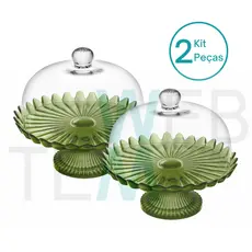 Kit 2 Boleiras de Vidro com Pé e Tampa Pétalas de Jasmin 24 cm Verde Vitazza Prato para Bolo, Doces