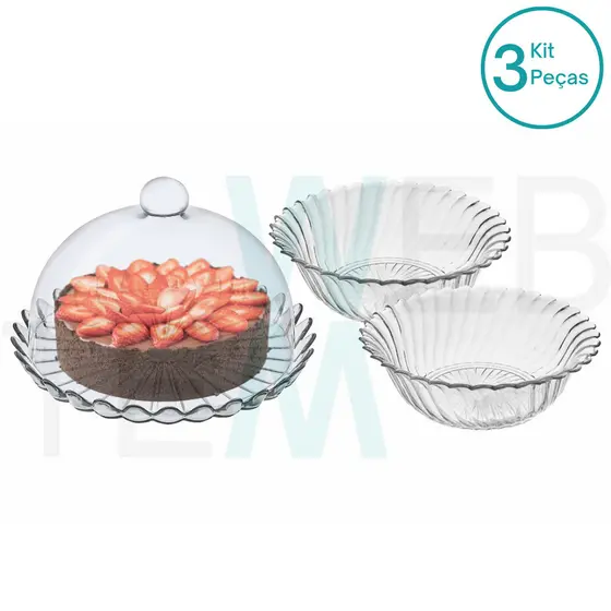 Kit 1 Boleira de Vidro sem Pé Pétalas de Jasmin e 2 Centros de Mesa Fruteira de Vidro Califórnia Vitazza: Suporte Para Bolo, Doce 32cm diâmetro, para Decoração de Casa, Restaurantes, Hotéis e Cafeterias, Organização, Armazenamento e Servir Mesa Posta Eleg