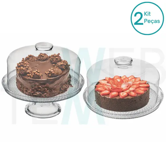 Conjunto 2 Boleiras de Vidro com e sem Pé e Tampa Vitazza Prato 28cm Suporte para Bolo, Doces, Festas, Decoração, Organização, Mesa Posta Elegante e Sustentável