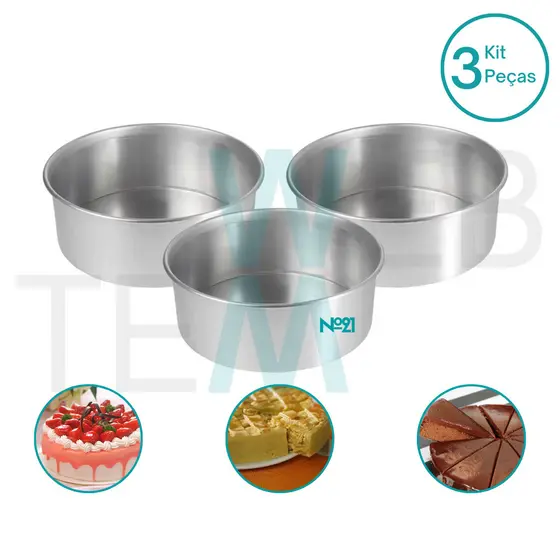 Kit 3 Formas de Bolo Redonda Alta 10x21cm de Alumínio Sustentável para Bolos em Camadas