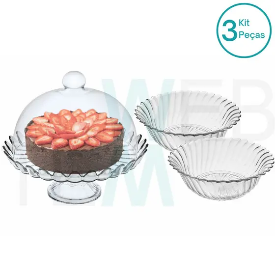 Kit 1 Boleira de Vidro com Pé Pétalas de Jasmin e 2 Centros de Mesa Fruteira de Vidro Califórnia Vitazza: Suporte Para Bolo, Doce 32cm diâmetro, para Decoração de Casa, Restaurantes, Hotéis e Cafeterias, Organização, Armazenamento e Servir Mesa Posta