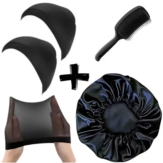 kit 2 touca nero - 1 touca cetim - anti frizz - 1 escova raquete - CORES SORTIDAS