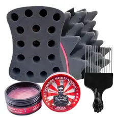 Esponja Nudred Dupla Enrolar Cabelos M 16mm + cera + Pente Afro