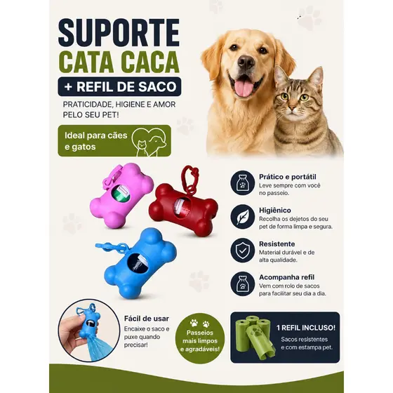 Suporte Cata Caca Para Cachorro + Refil 15 Sacos Higiênicos Pet Passeio