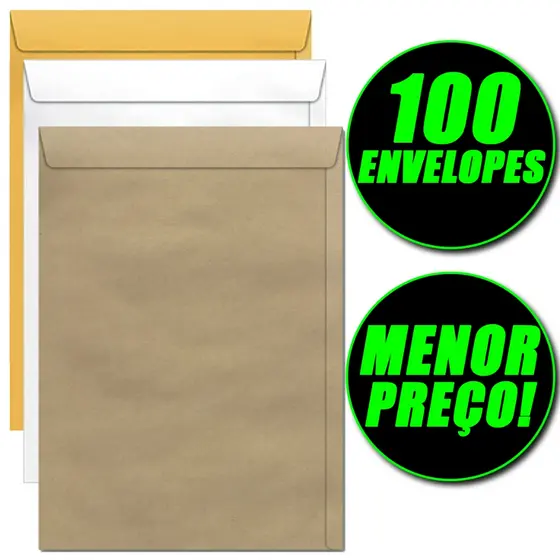 100 Envelope Para Documento Kraft Pardo Branco Ouro 22x32 Diversos Tamanho e Cor