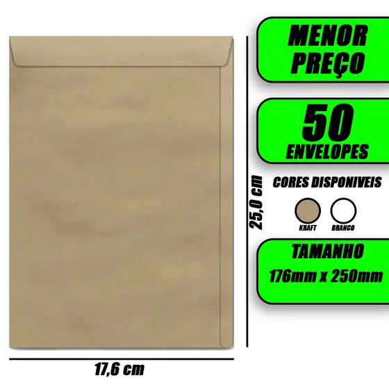 Envelope Saco Kraft de 80g 176mm x 250 mm 80g kit Com 50 Unidade Branco Pardo Ouro