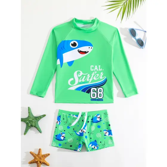 RWX VEST Conjunto de Praia Infantil Masculino Camisa de Manga Longa e Short com Estampa de Tubarão - I3096
