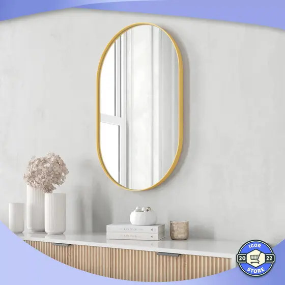 Espelho Decorativo Oval Com Moldura Dourada Suspenso Banheiro Sala 80x40cm Envio Imediato