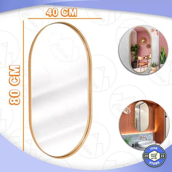 Espelho Decorativo Suspenso Banheiro Sala Oval Com Moldura Dourada 80x40cm Envio Imediato