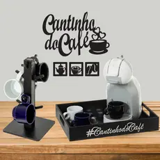Kit Cantinho do Café Quadro Vazado + Exclusivo Porta Xícaras + Bandeja Decorativa Mdf Pintada Organizar e Servir