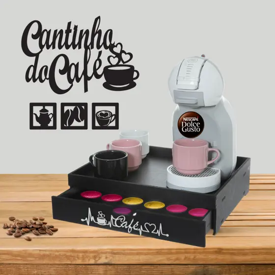 Bandeja Cantinho do Café Porta Capsulas Dolce Gusto Cômoda organizador grande suporte servir + KIT de Quadro Decorativo