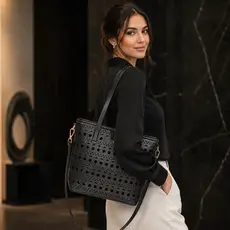 JAMI JAMI Bolsa Feminina Vazada Grande com Necessaire – Bolsa Tote Casual de Ombro para Praia e Compras TM9204