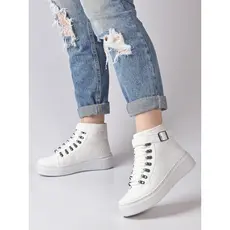 Tênis Botinha Feminino Branco Solado Alto Fivela Cano Médio