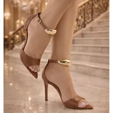 Sandália Feminino Salto Fino Alto com ABS Inspiração Luxo Bico Folha Elegante Tendência
