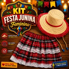 Kit Saia Xadrez Festa Junina Julina Feminina com Chapéu Caipira Adulto Juvenil Festa São João