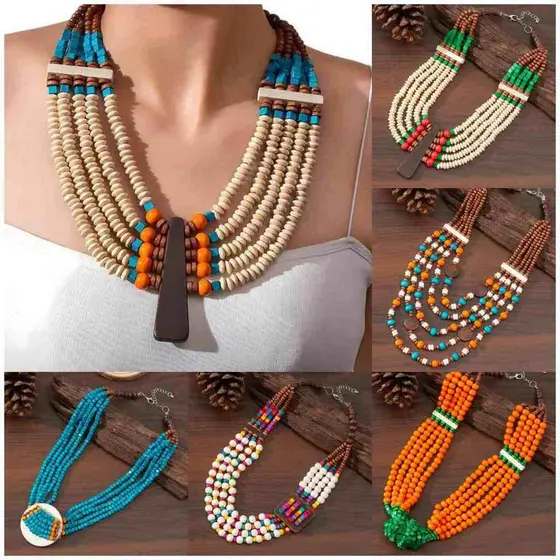 Colar Étnico com Contas Coloridas - Moda Tribal Feminina Boho Chic