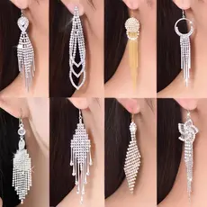 Brinco Feminino Strass Luxo Grande Franja Brilhante Festa Casamento
