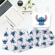Pijama Casal Kit Baby Doll Cropped Stitch Feminino e Shorts Samba Canção Masculino