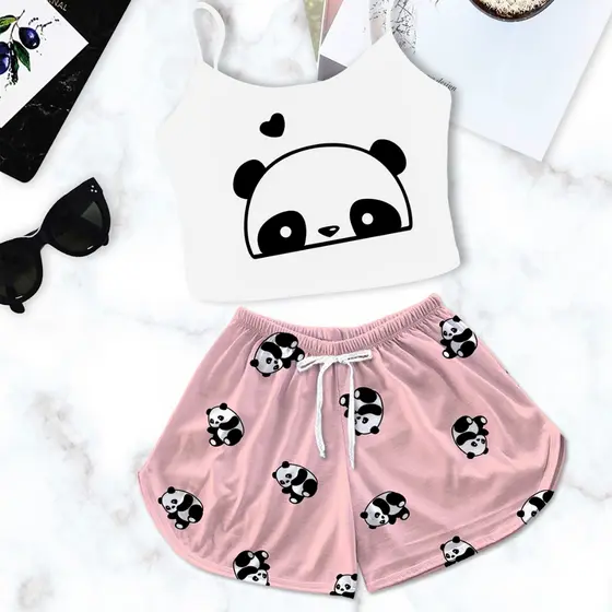 Pijama Baby Doll Cropped Branco Feminino Estampa Panda Rosa