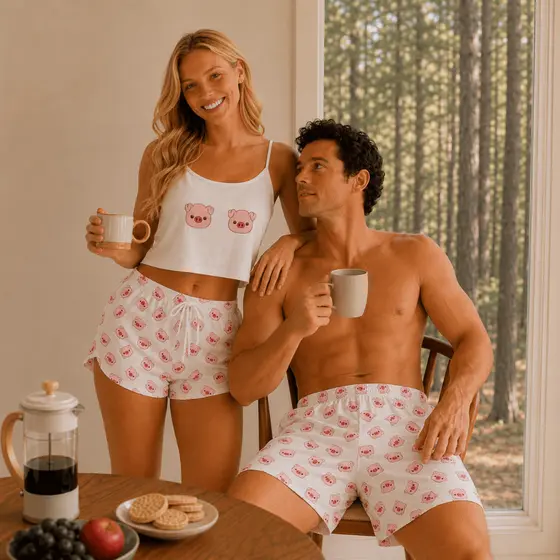 Kit Pijama Casal Amor Mozão Cropped Estampa Porquinho