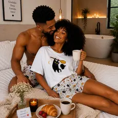 Pijama Casal Manga Curta Feminina Gato Vassoura + Samba Canção Masculino