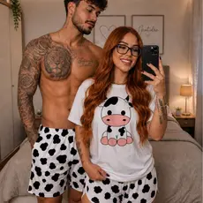 Pijama Casal Manga Curta Feminina Vaquinha + Samba Canção Masculino