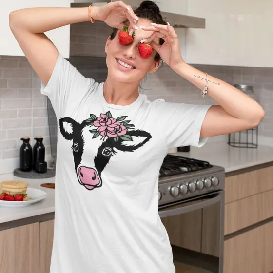Camisola De Manga Dress Branco Com Estampa Vaquinha Flor Na Cabeça