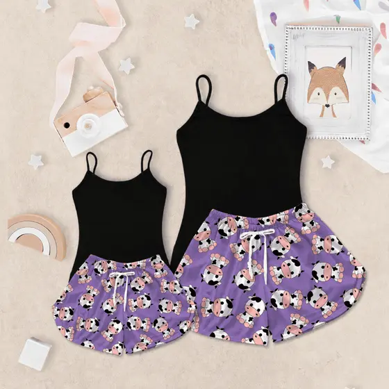 Pijama Feminino Kit Tal Mãe Tal Filha Preto Vaquinha Lilás