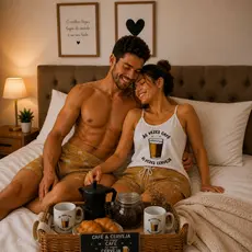 Pijama Casal Baby Doll Feminino Às Vezes Café + Samba Canção Cerveja