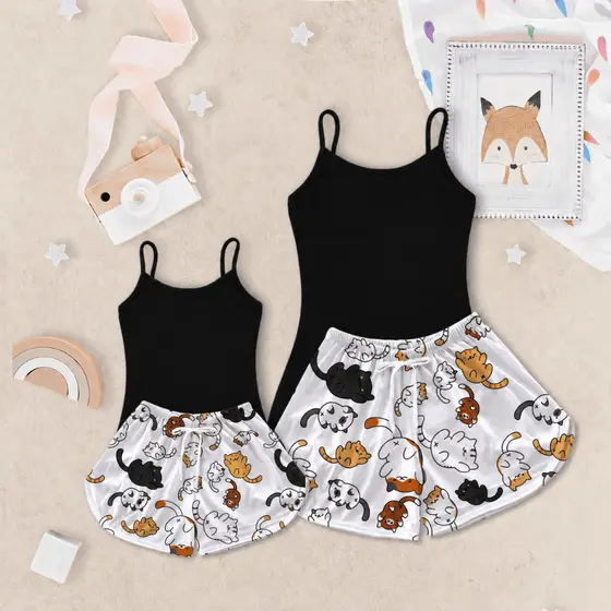 Pijama Feminino Kit Tal Mãe Tal Filha Preto Estampa Gatinho