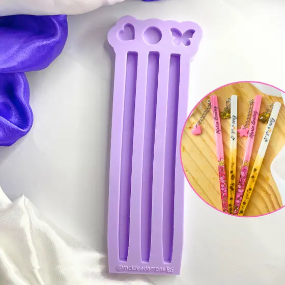 Molde de silicone caneta slim com 3 cavidades + pingentes. Molde bocal opcional.